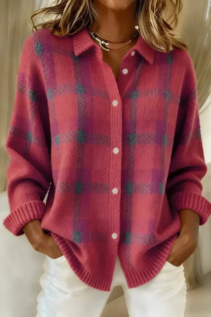 Pink checked cardigan, front buttons left open