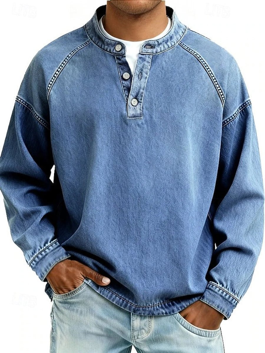 Men's long sleeve henley in light blue, front view