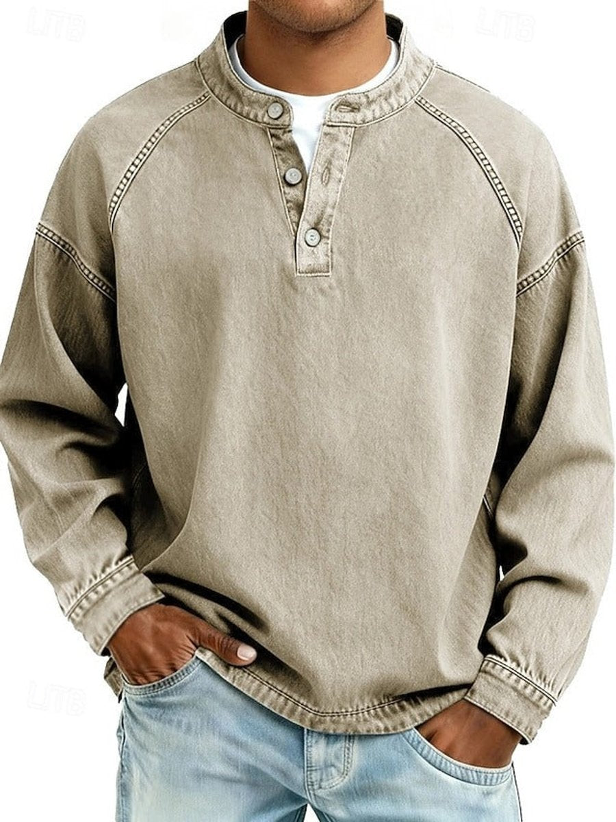 Men's long sleeve henley in khaki, front view of the relaxed cut