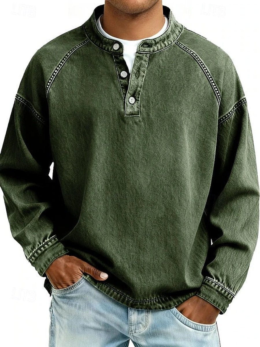 Men's long sleeve henley in dark green, showing the raglan shoulder seam