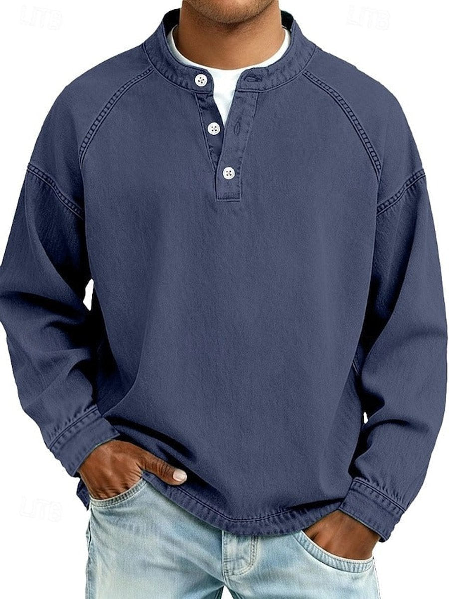 Men's long sleeve henley in dark blue, front view