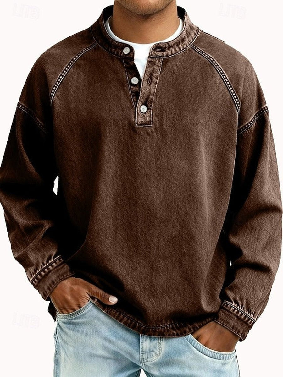Men's long sleeve henley in brown, three-button placket visible