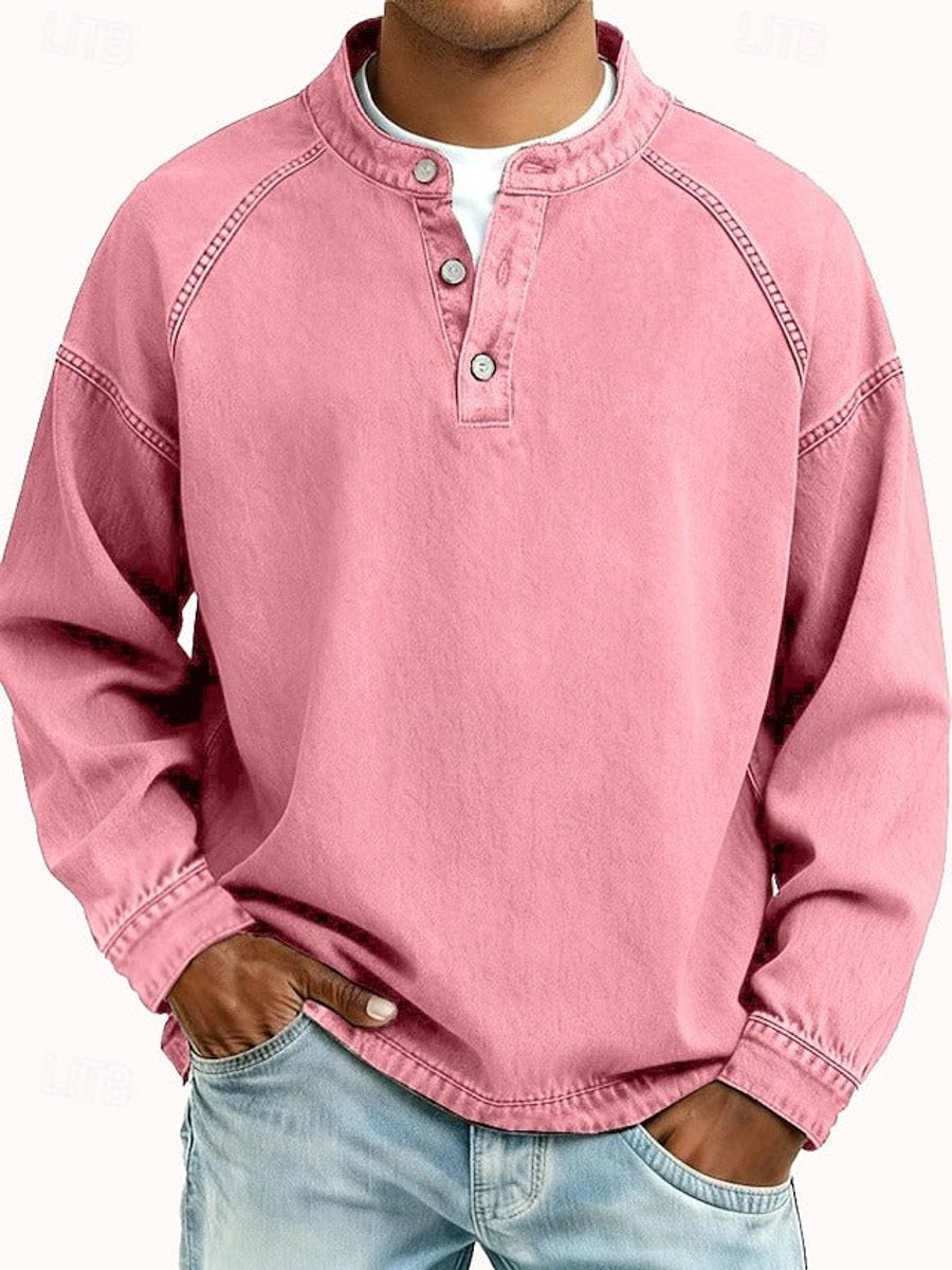 Men's long sleeve henley in pink, front view