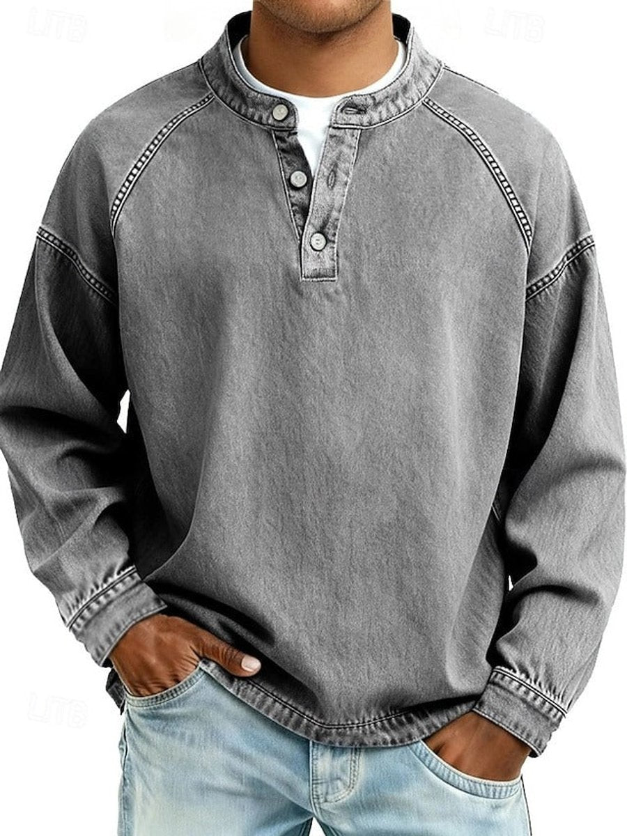 Men's long sleeve henley in gray, front view with the placket buttoned