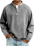 Men's long sleeve henley in gray, front view with the placket buttoned