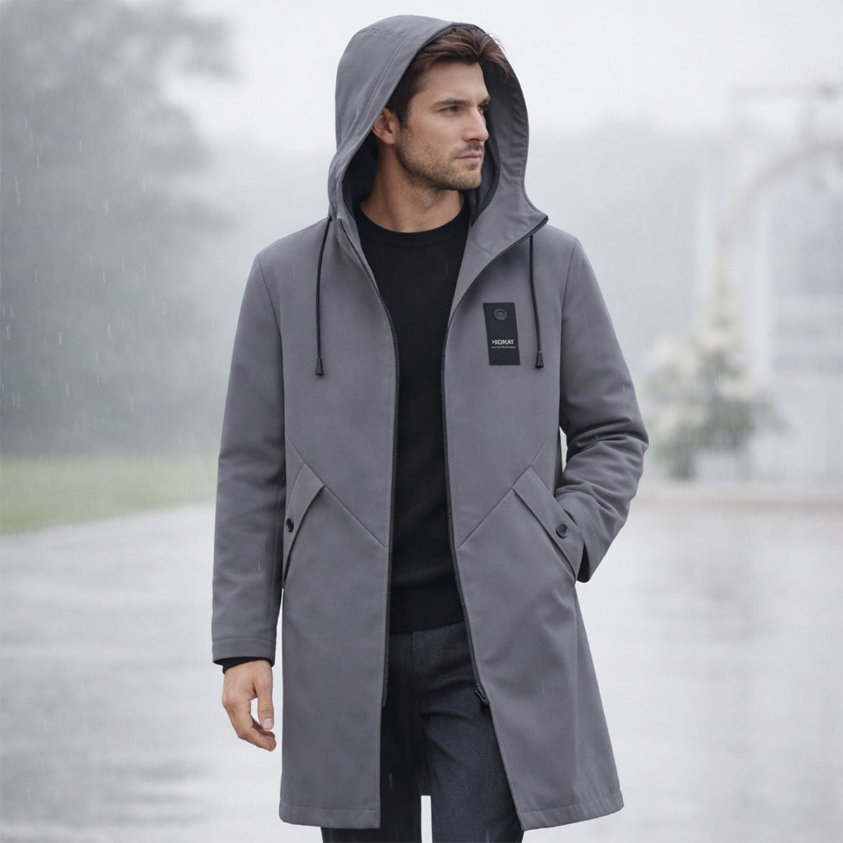 Hooded waterproof raincoat in Gray