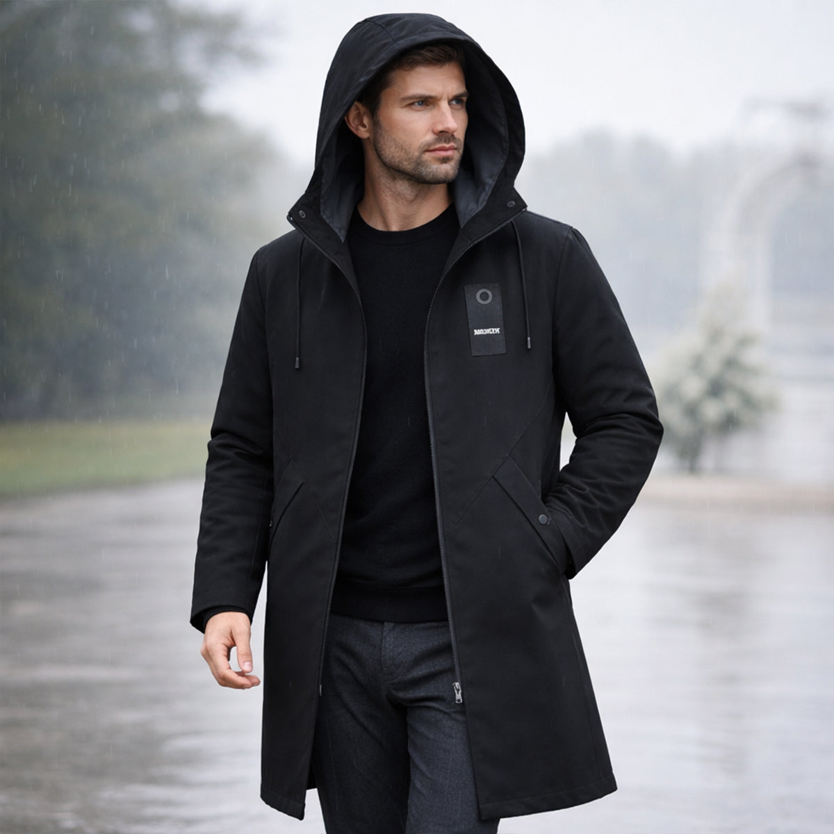 Hooded waterproof raincoat in Black