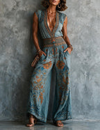 Blue floral linen wide leg jumpsuit for women, full-length front view