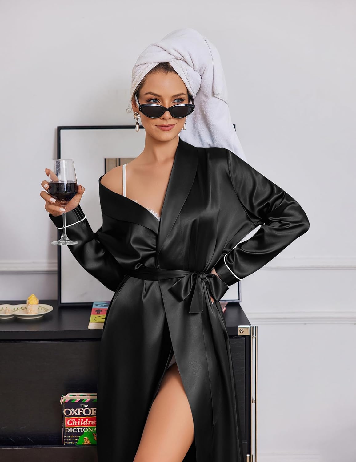 Long Satin Robe for Women in Black