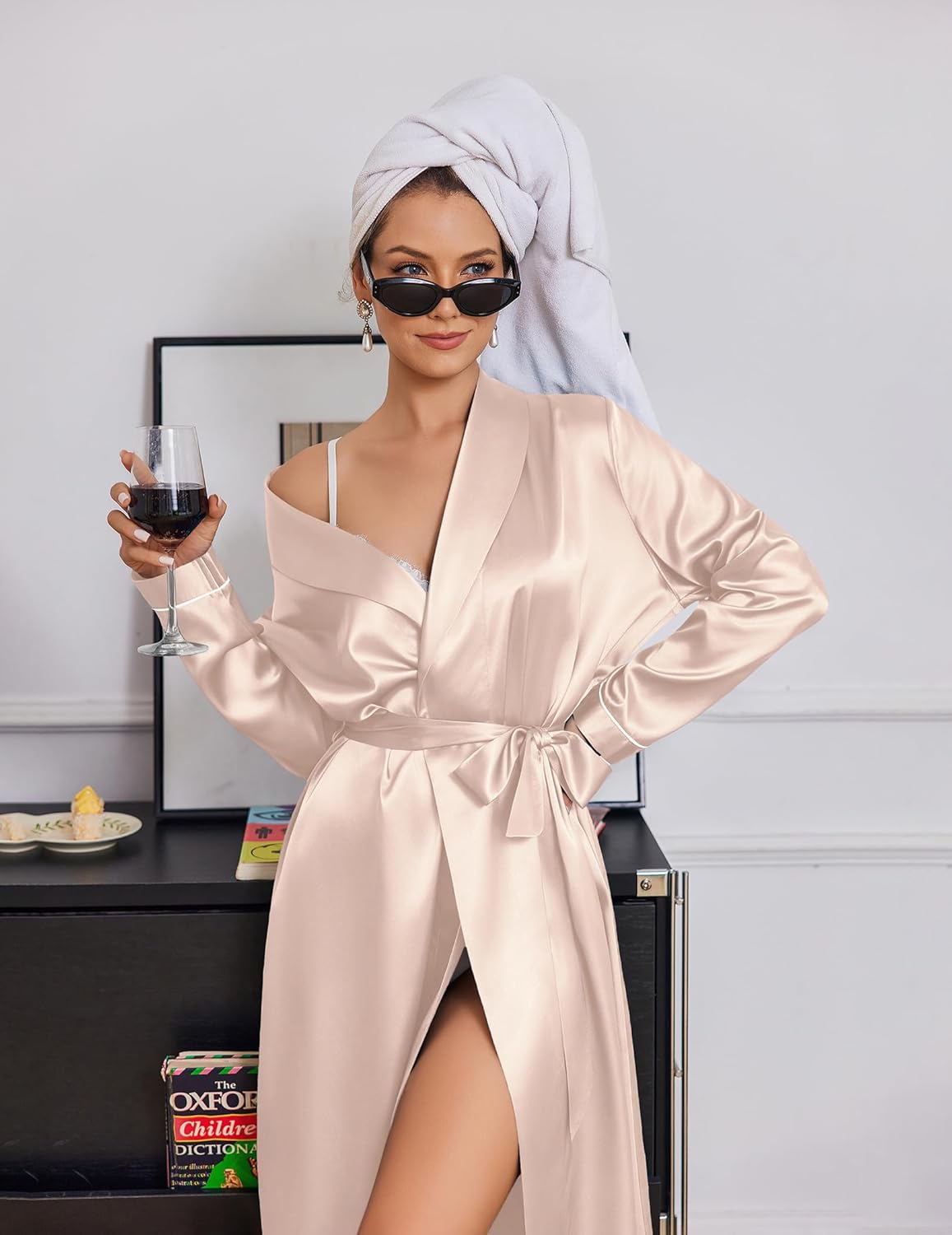 Long Satin Robe for Women in Champagne