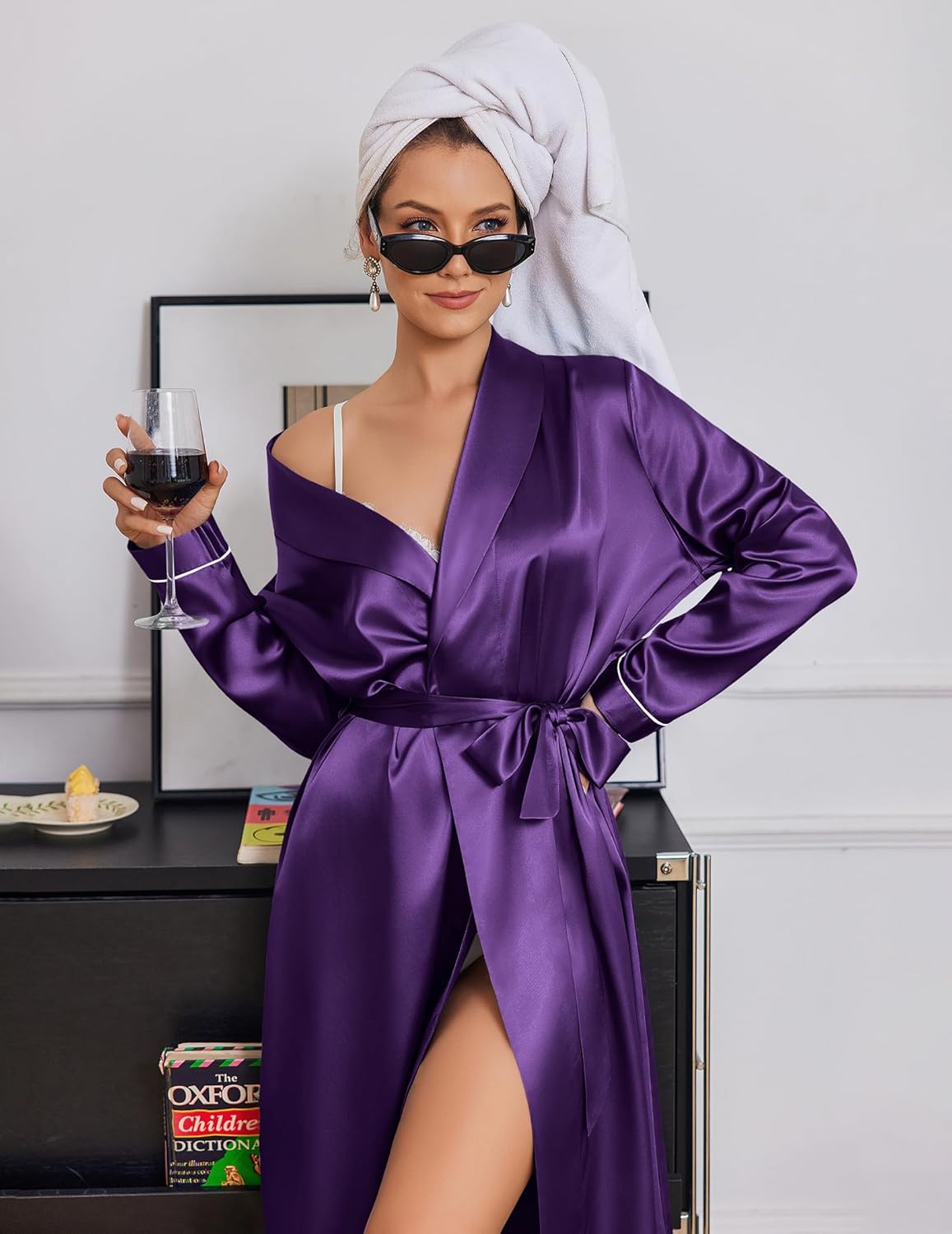 Long Satin Robe for Women in Deep Purple