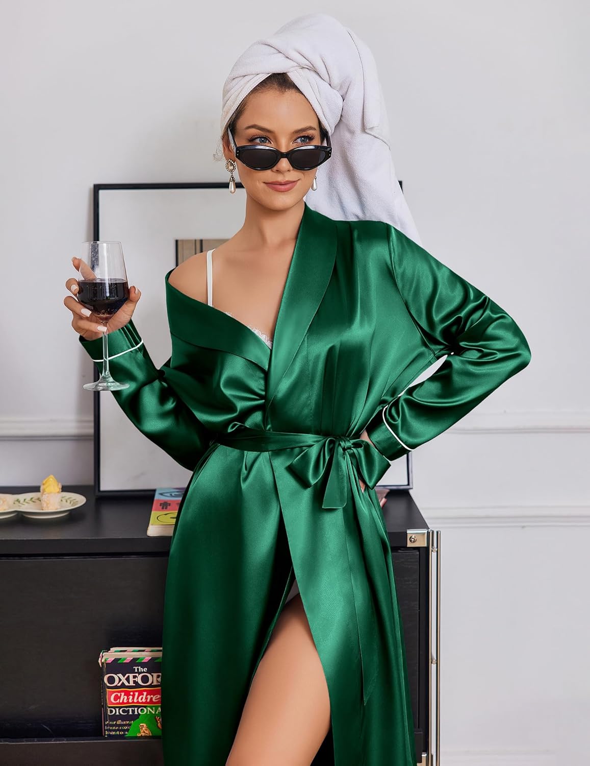 Long Satin Robe for Women in Green
