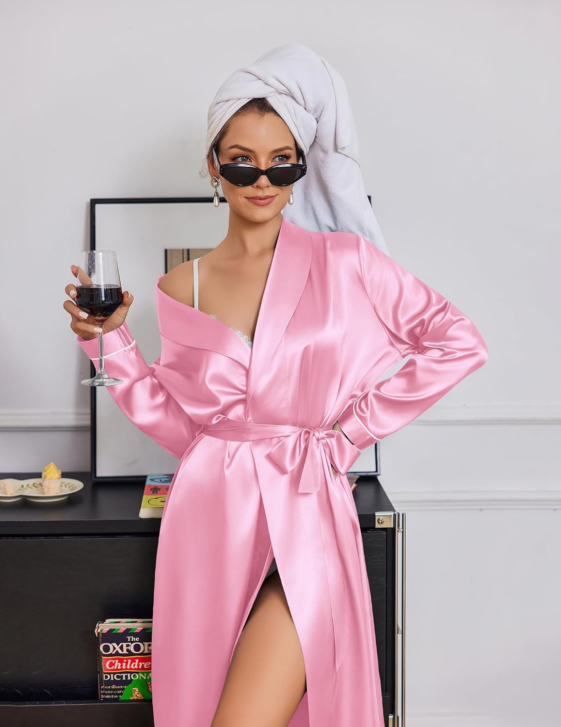Long Satin Robe for Women in Light Pink