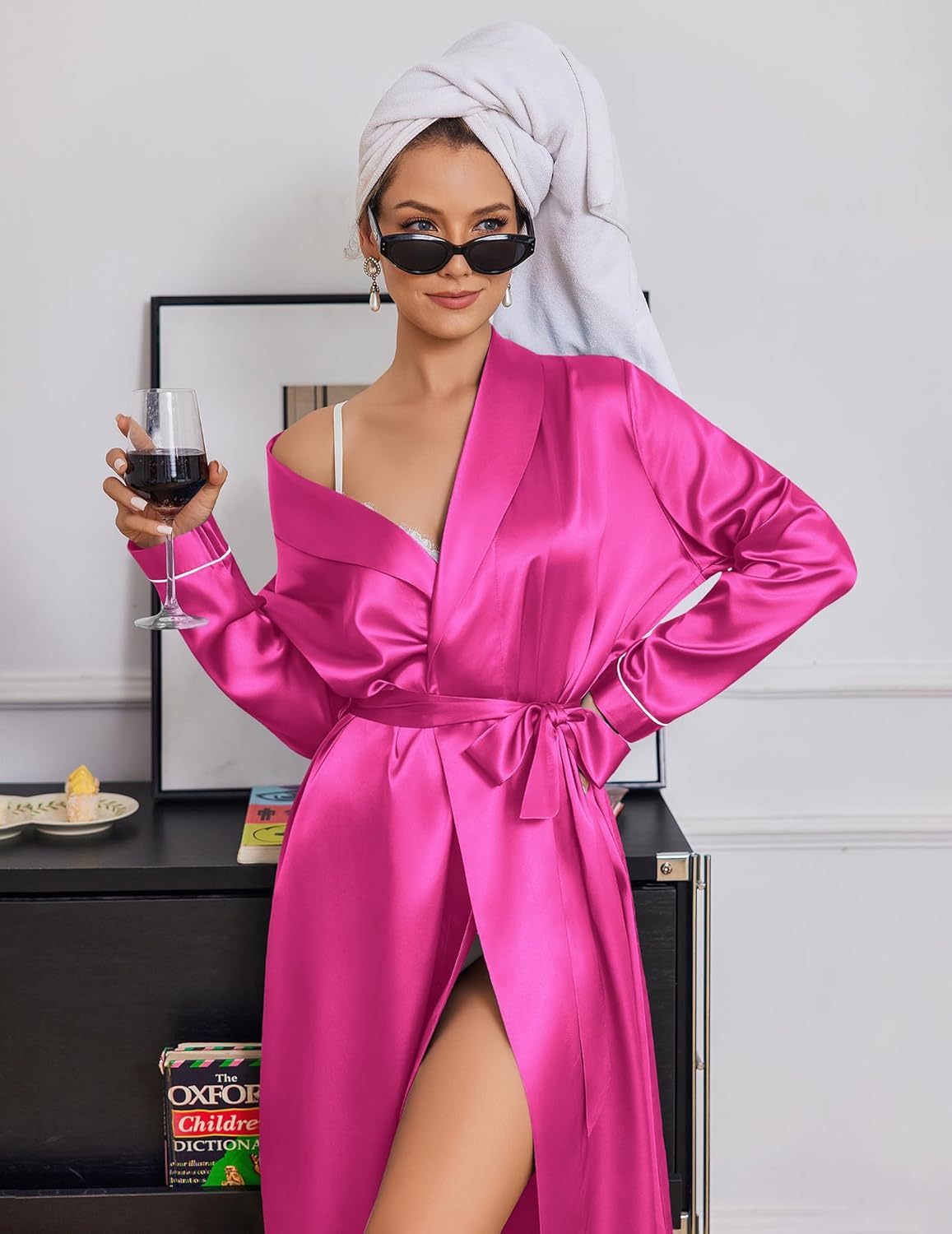 Long Satin Robe for Women in Rose