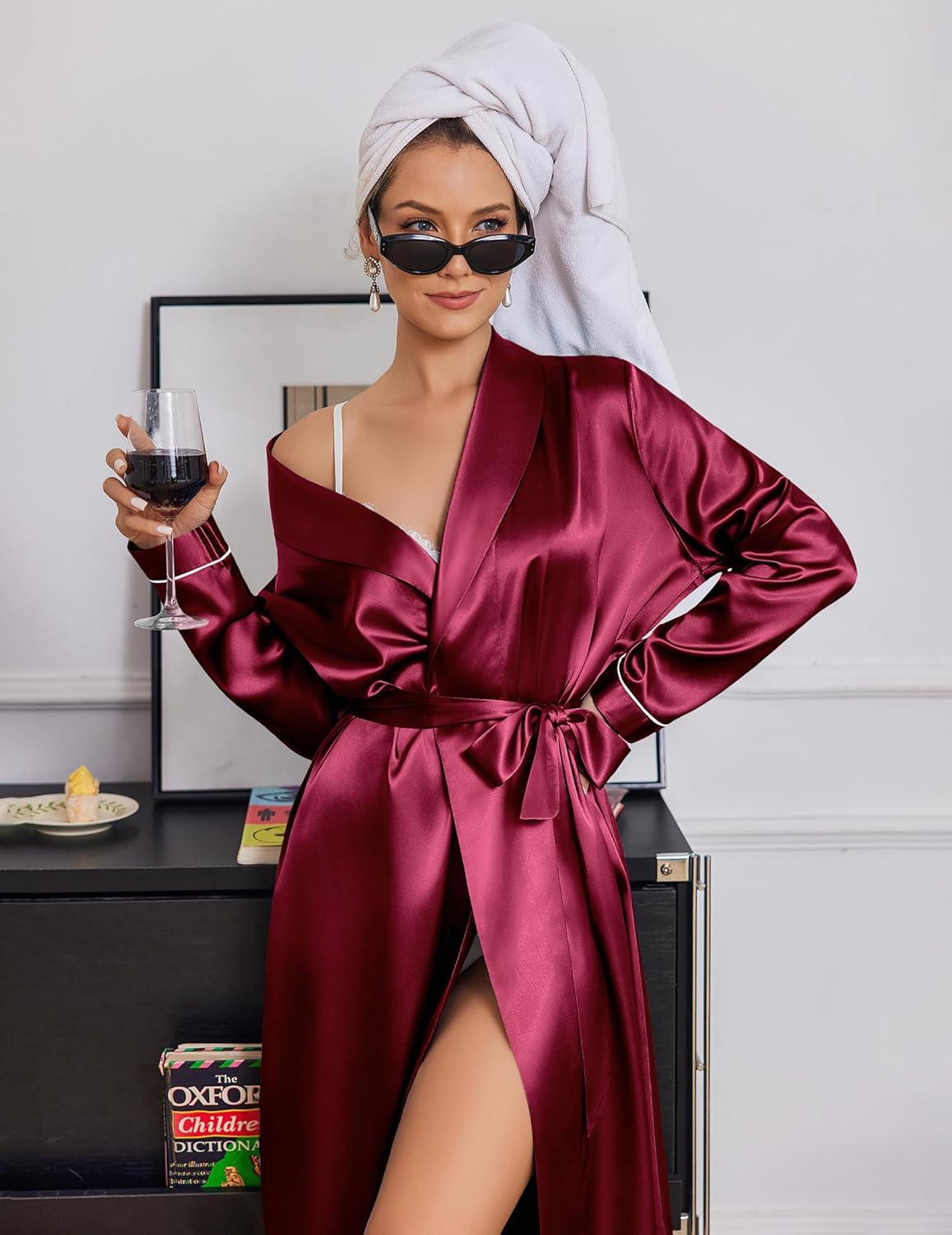 Long Satin Robe for Women in Wine Red