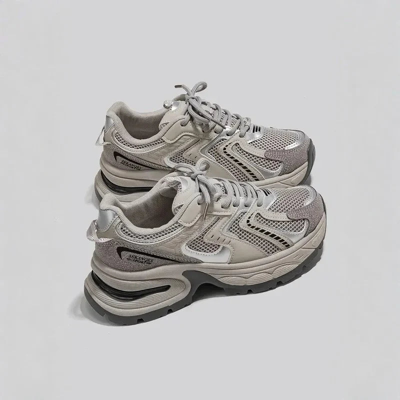 Chunky Sneakers for Women in gray — mesh upper with thick platform sole, side view