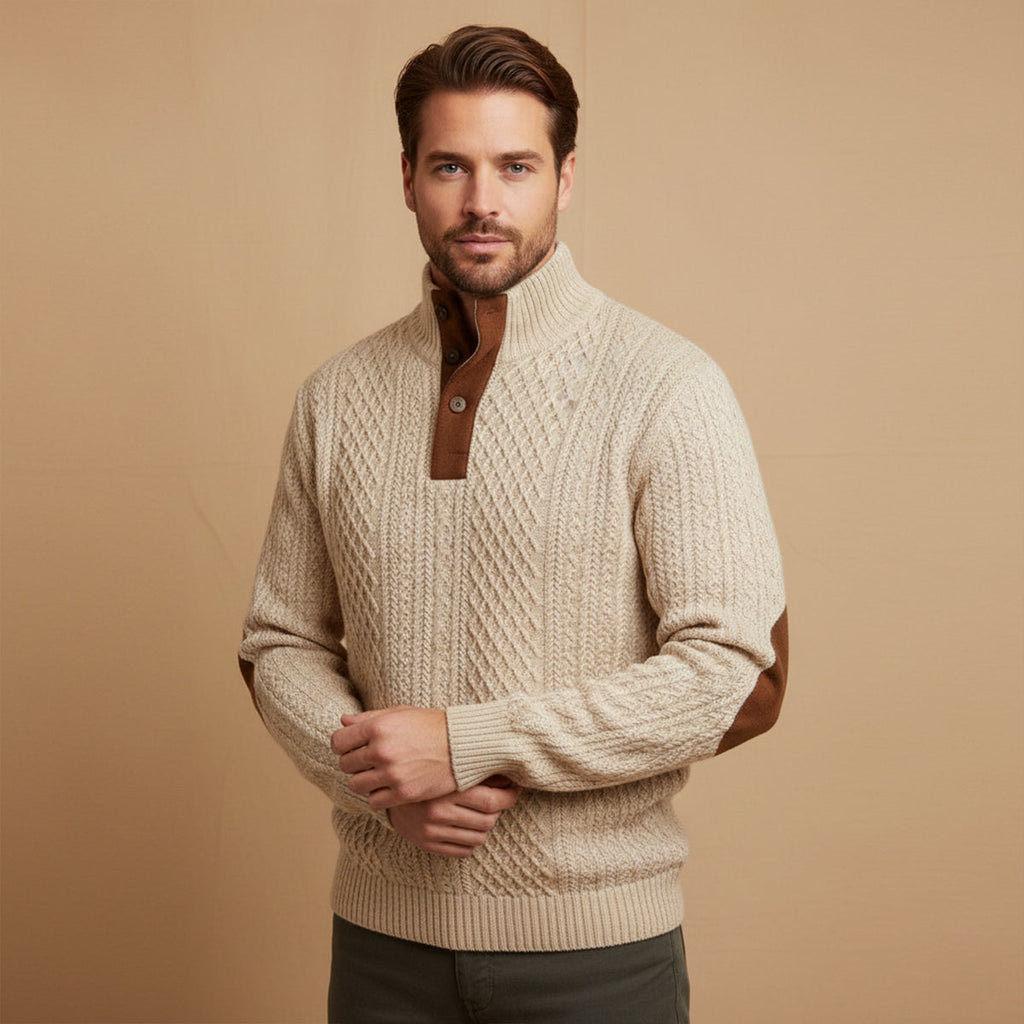 Cable knit button sweater — cuff and hem detail