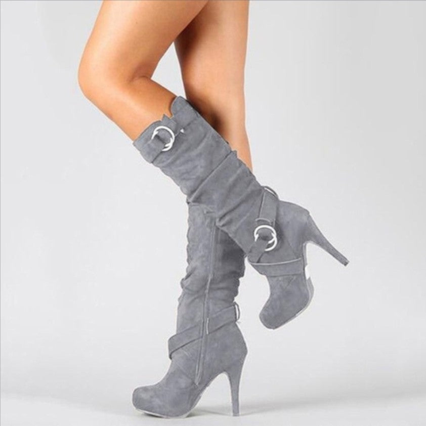 Grey knee high boot for women, pointed toe and platform front