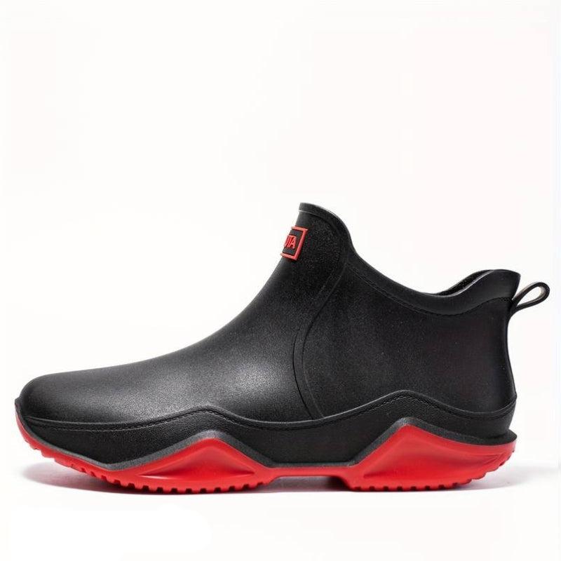 Black and red waterproof ankle rain boots for women, side view