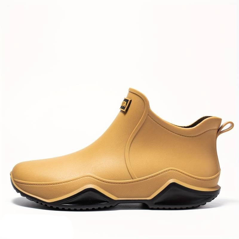 Brown waterproof ankle rain boots for women, side view