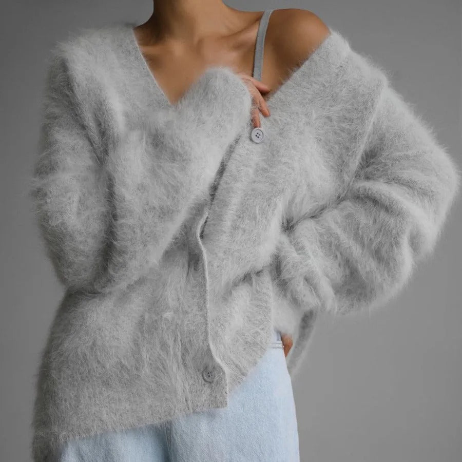 Light gray oversized angora cardigan sweater for women, front view