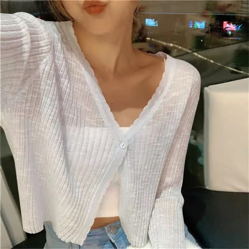 White ribbed knit cardigan fastened at the chest, front view