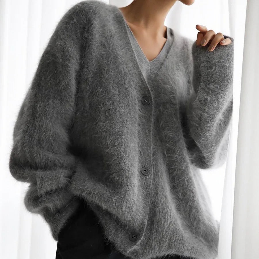 Dark gray oversized angora cardigan sweater for women, front view
