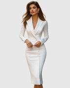 Front view of the tailored long sleeve midi dress