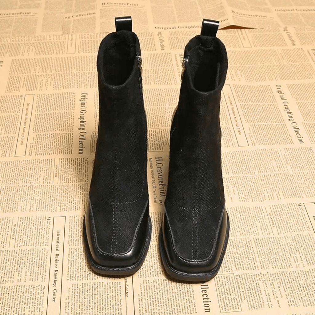 Suede block heel boots — worn with cropped trousers
