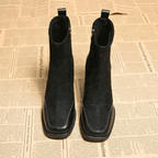 Suede block heel boots — worn with cropped trousers