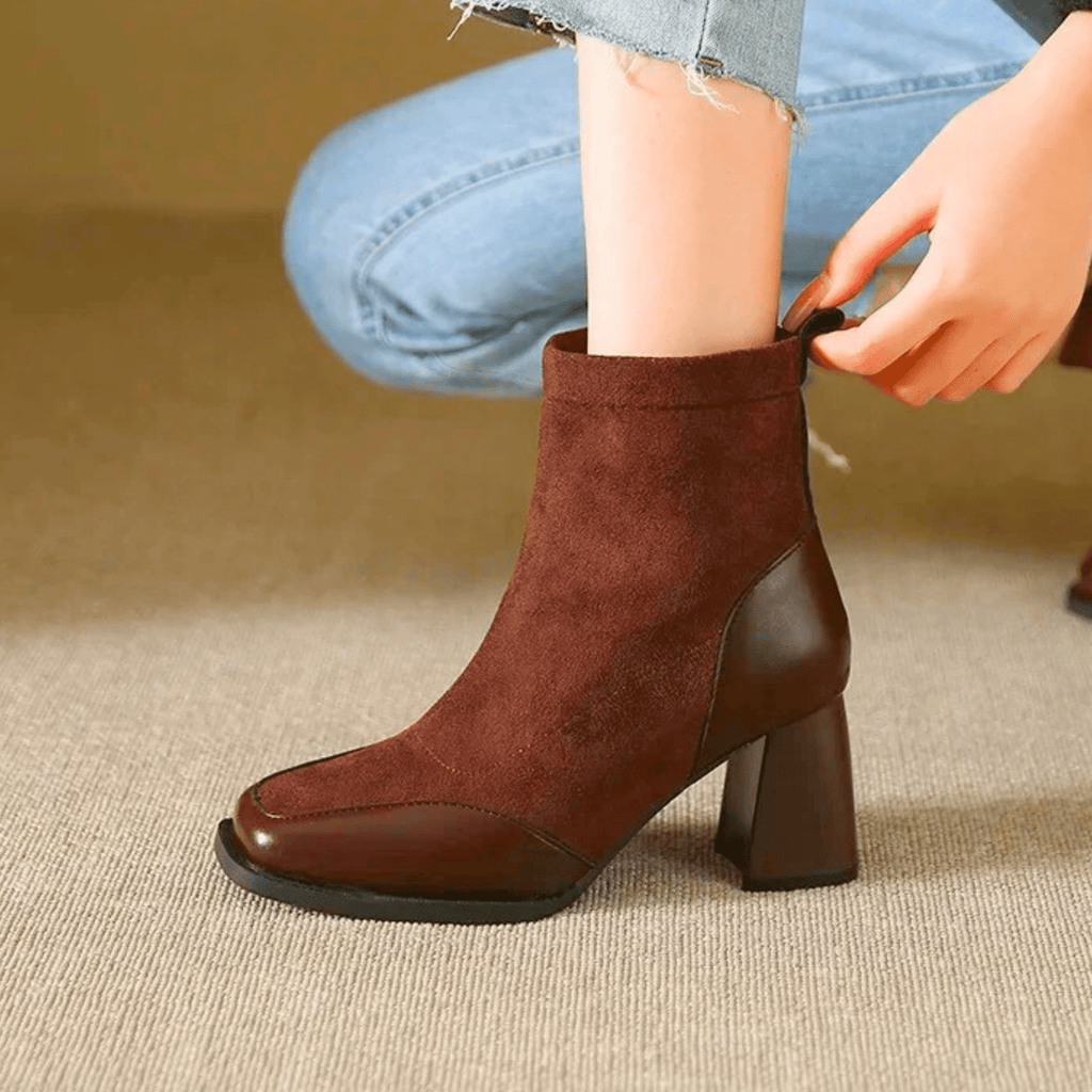 Suede block heel boots — close view of the upper