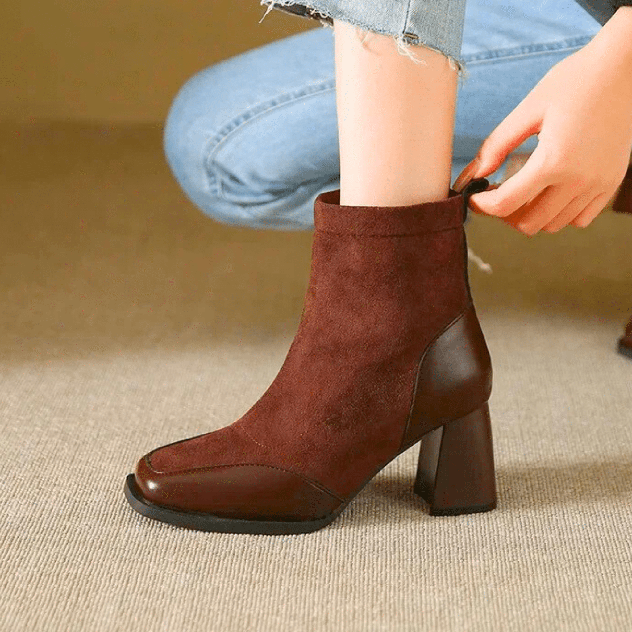 Suede block heel boots — close view of the upper