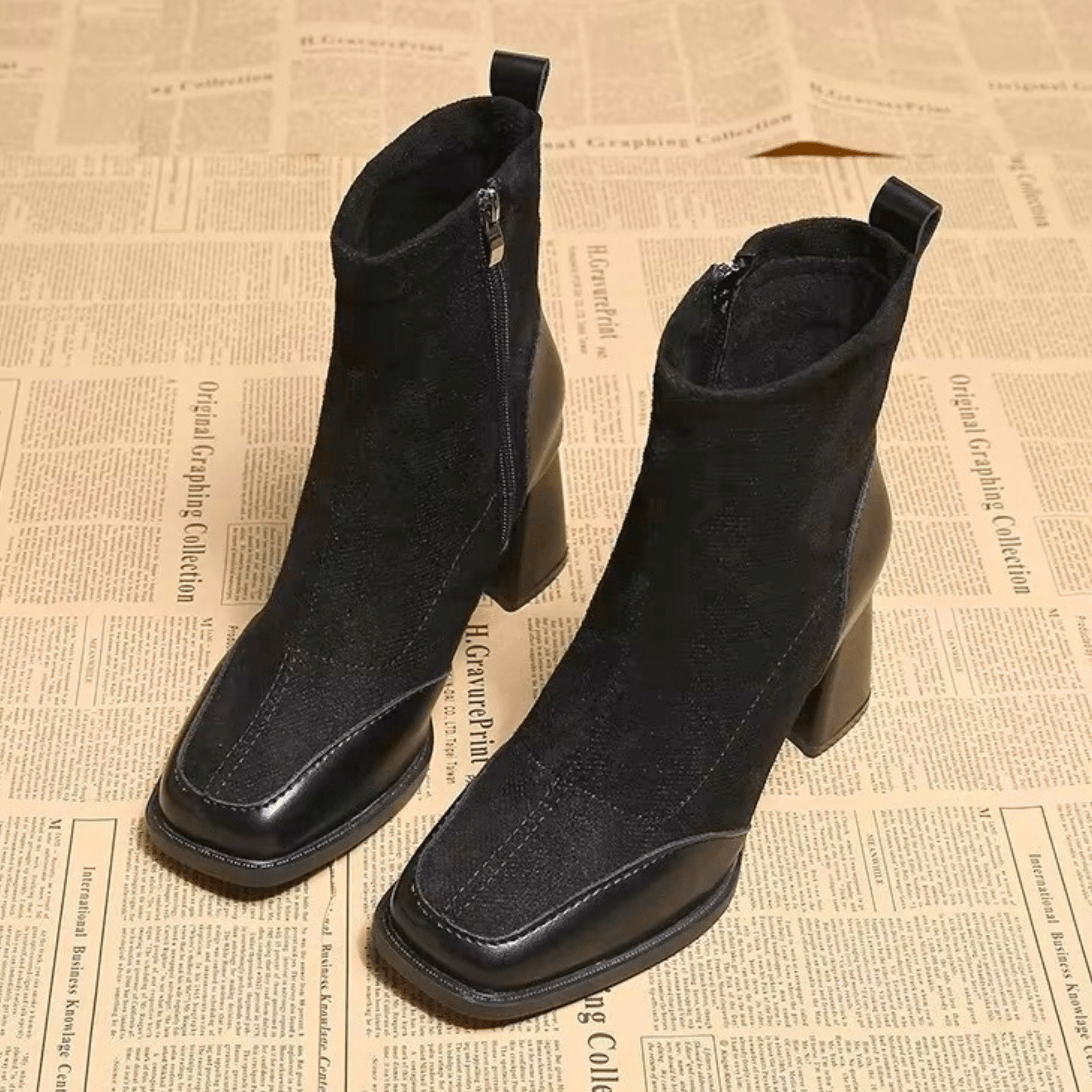 Suede block heel boots in Midnight