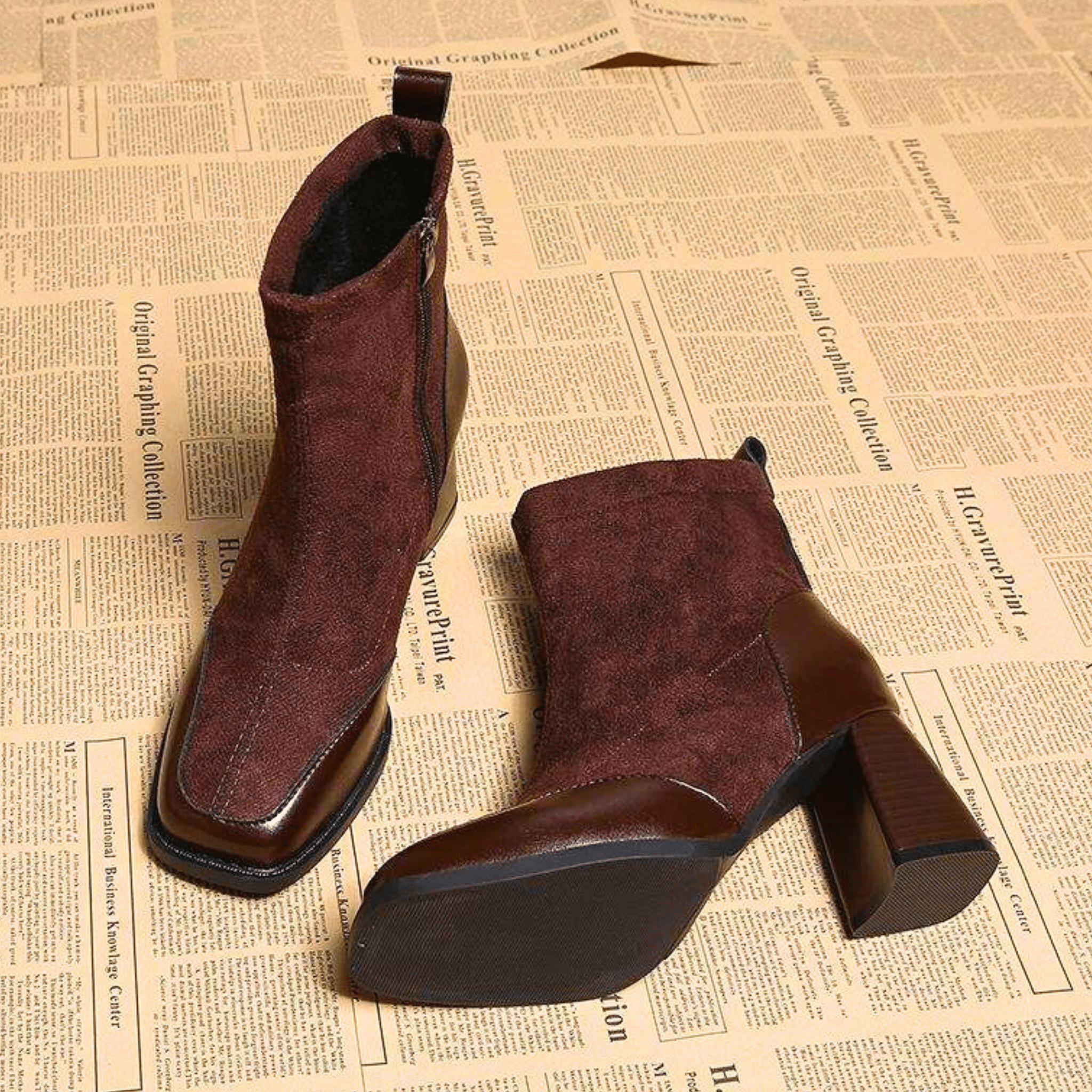 Suede block heel boots — shown in profile