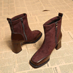 Suede block heel boots — close view of the sole and heel