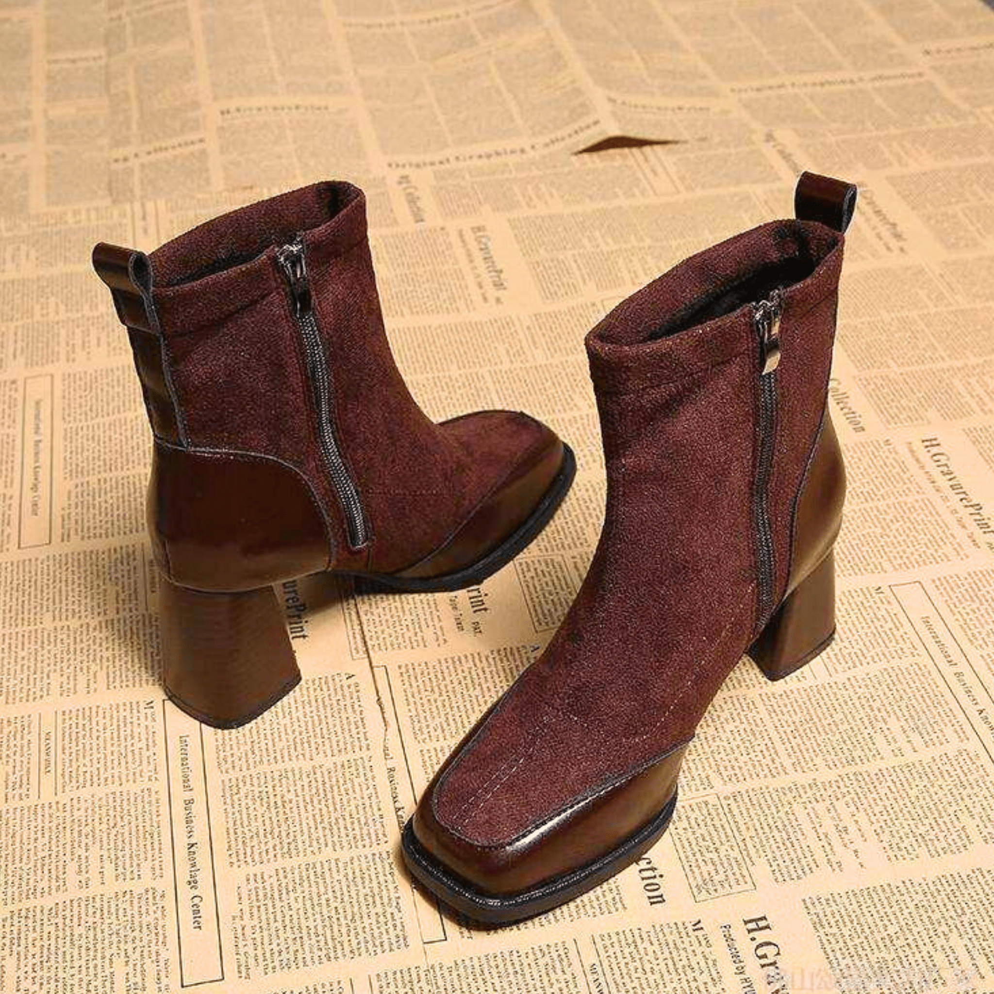 Suede block heel boots — close view of the sole and heel
