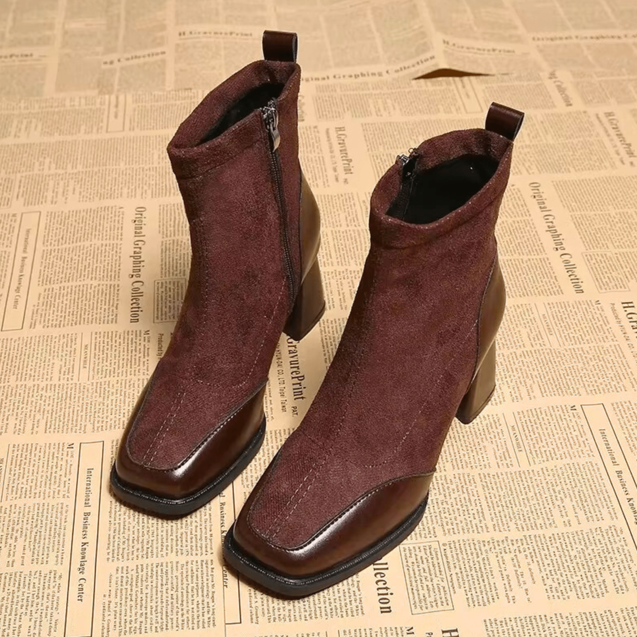 Suede block heel boots in Chestnut