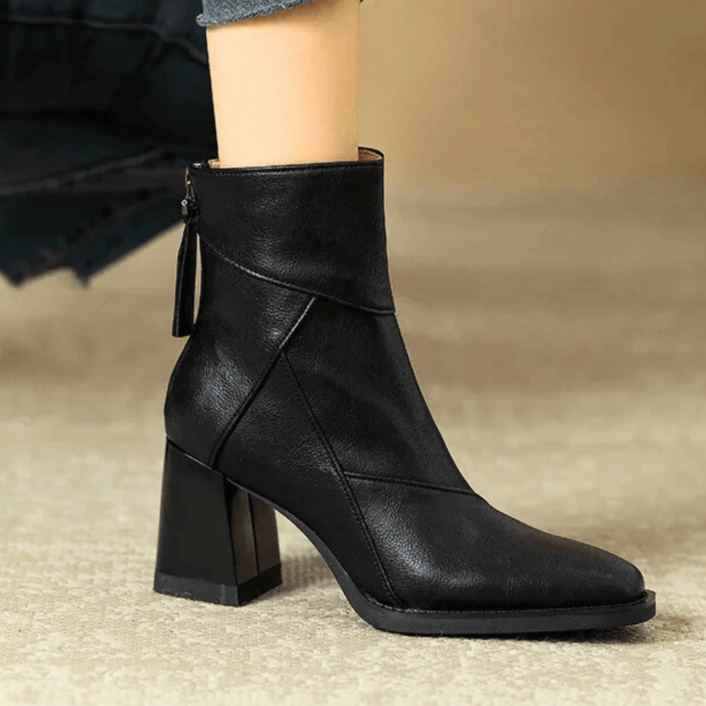 Leather block heel ankle boots — back view