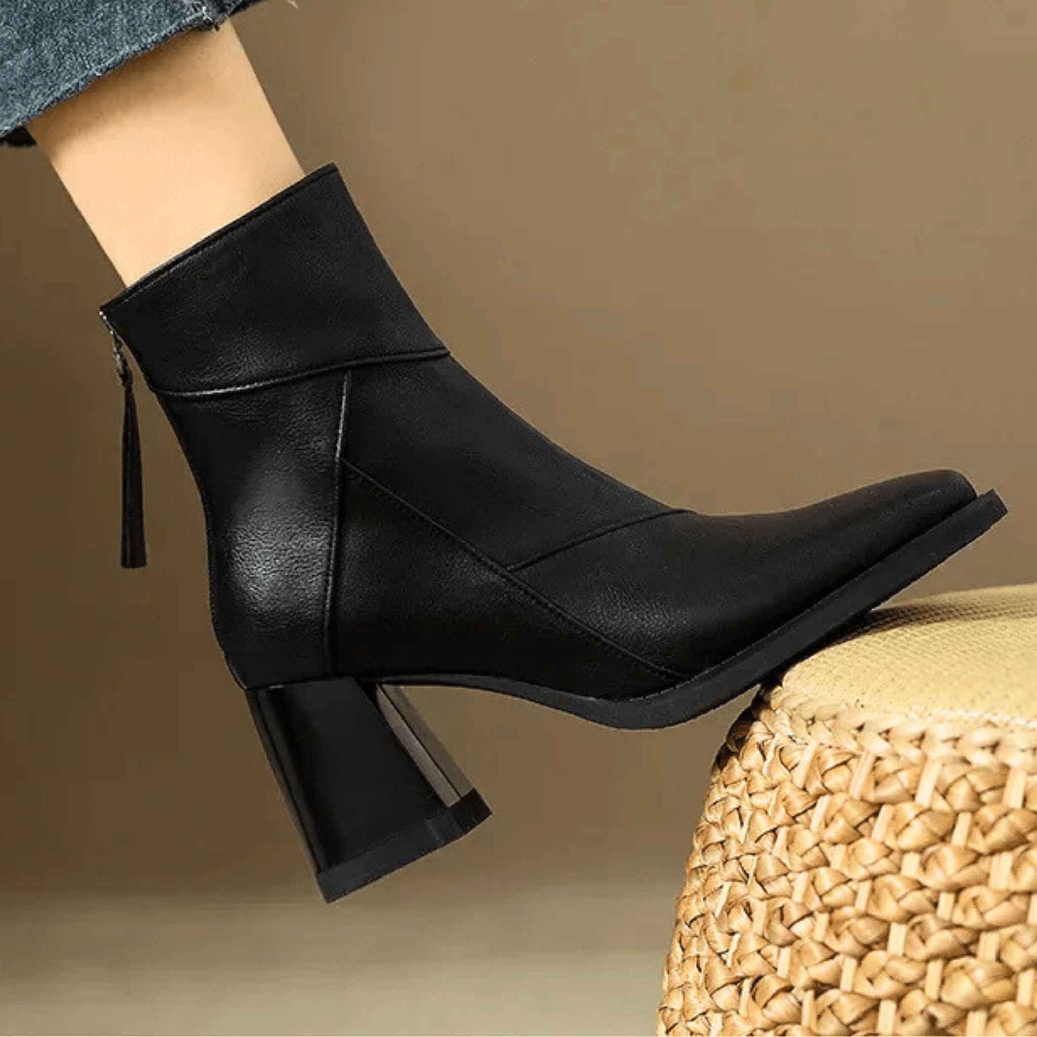 Leather block heel ankle boots in Midnight