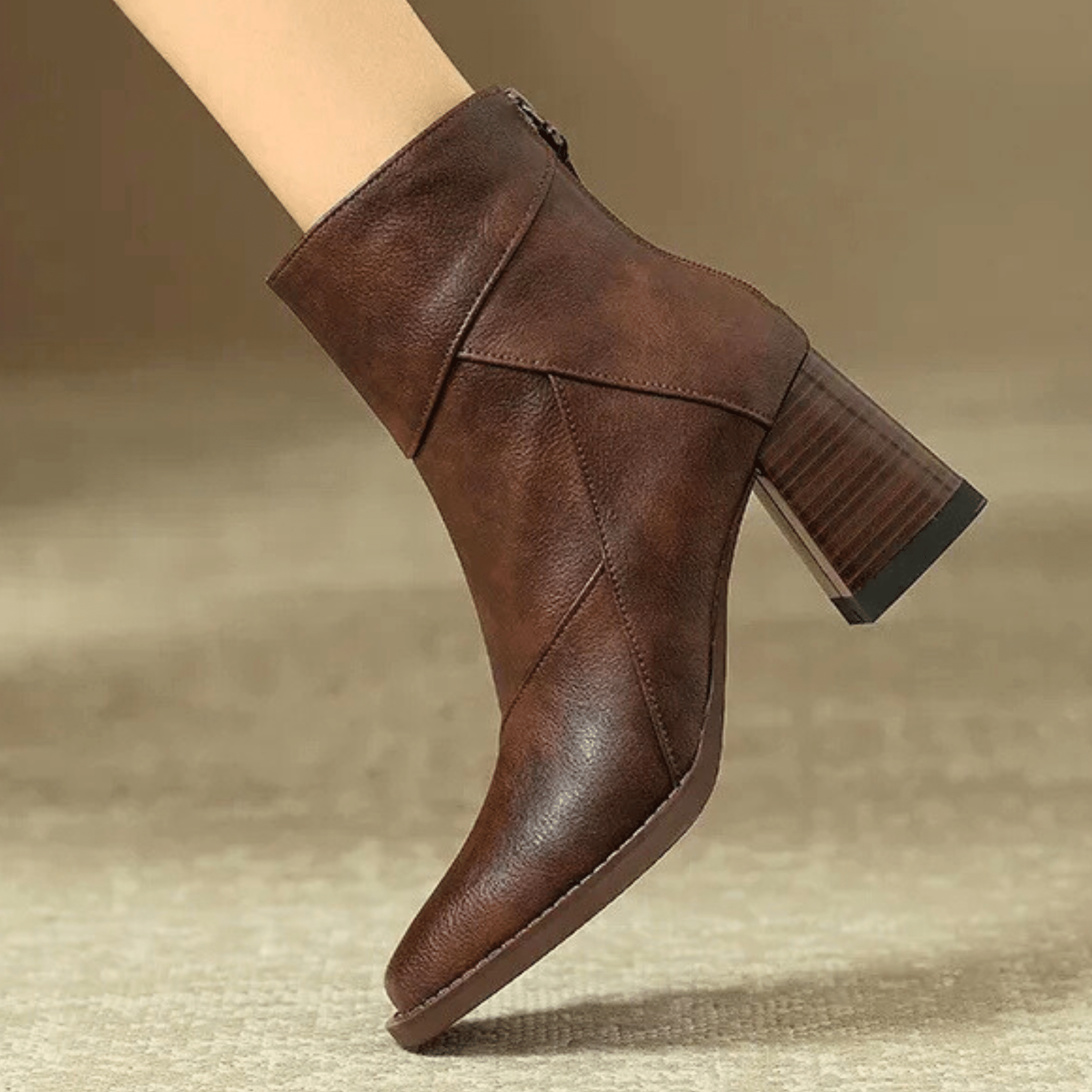 Leather block heel ankle boots — pair viewed from above