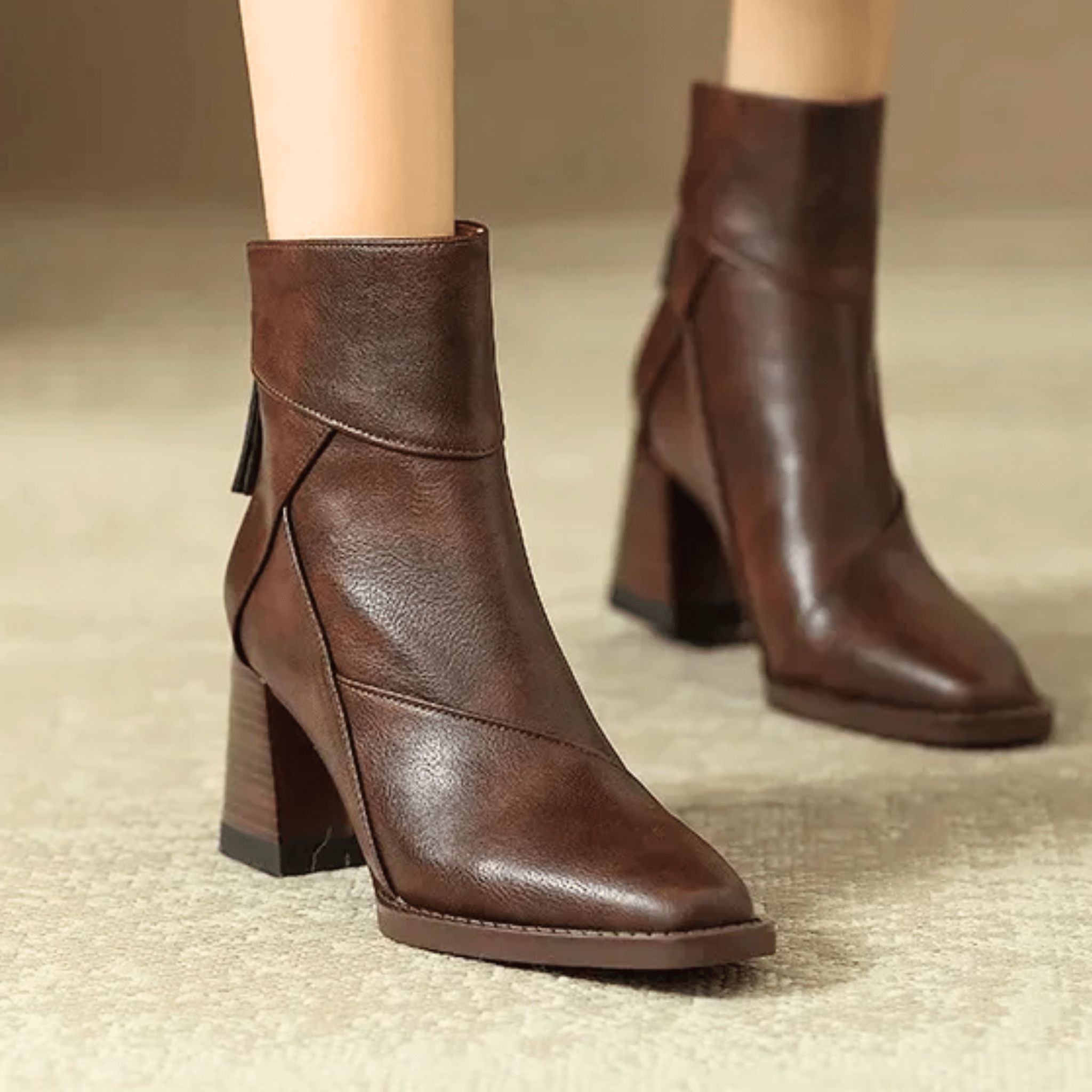 Leather block heel ankle boots — worn with cropped trousers