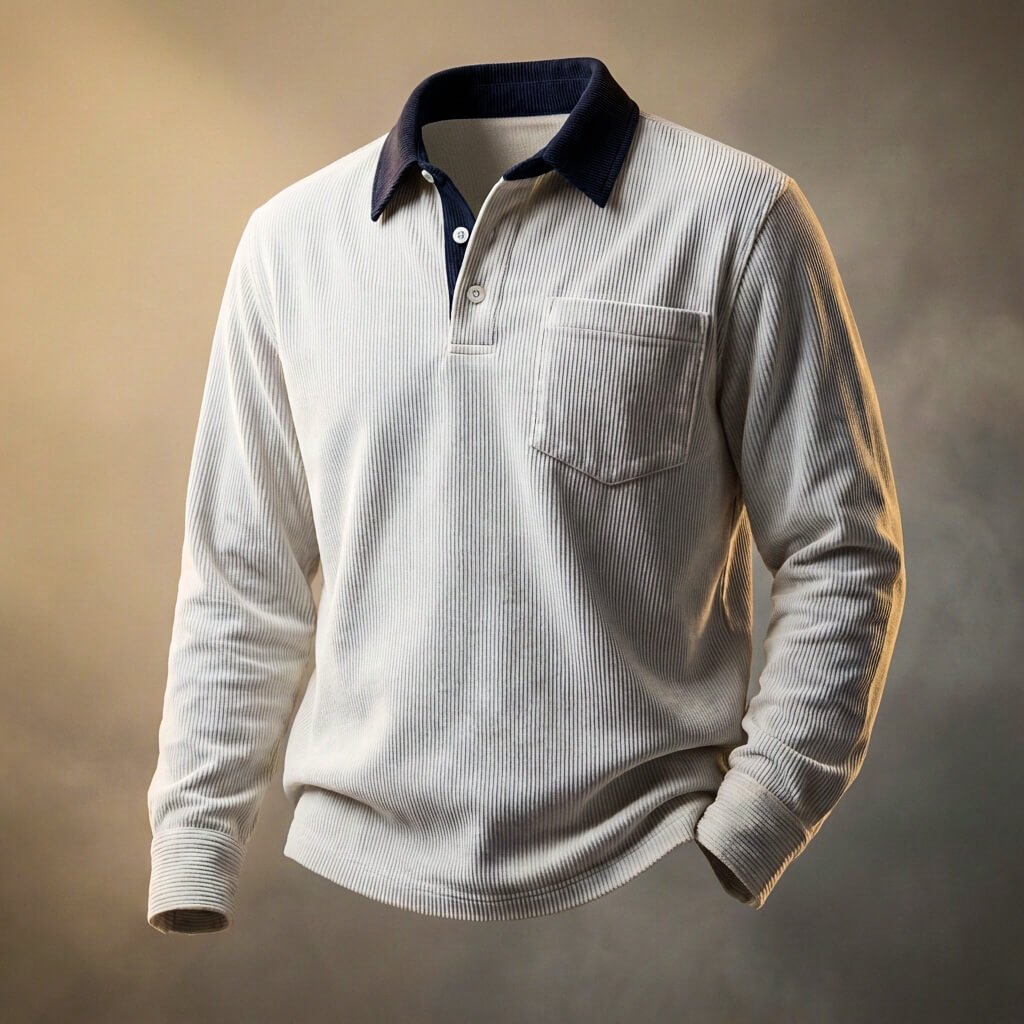 Men's corduroy long sleeve polo shirt in Pure White