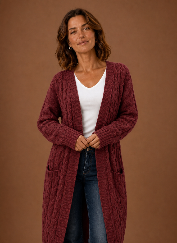 Burgundy version front-on, cable columns running the length of the body