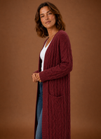 Burgundy cardigan from the side, ribbed cuff gathered at the wrist
