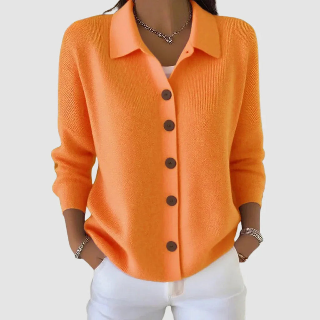 Collared cardigan sweater for women in orange, front view
