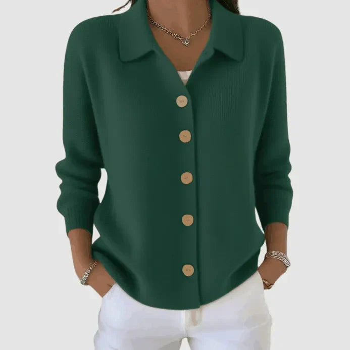Close-up of the wooden buttons and ribbed collar on the cardigan