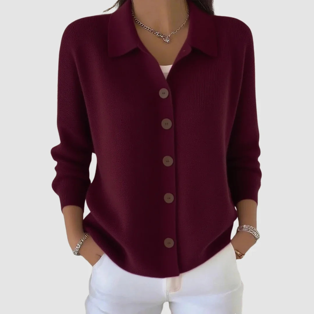 Collared cardigan sweater for women in wine red
