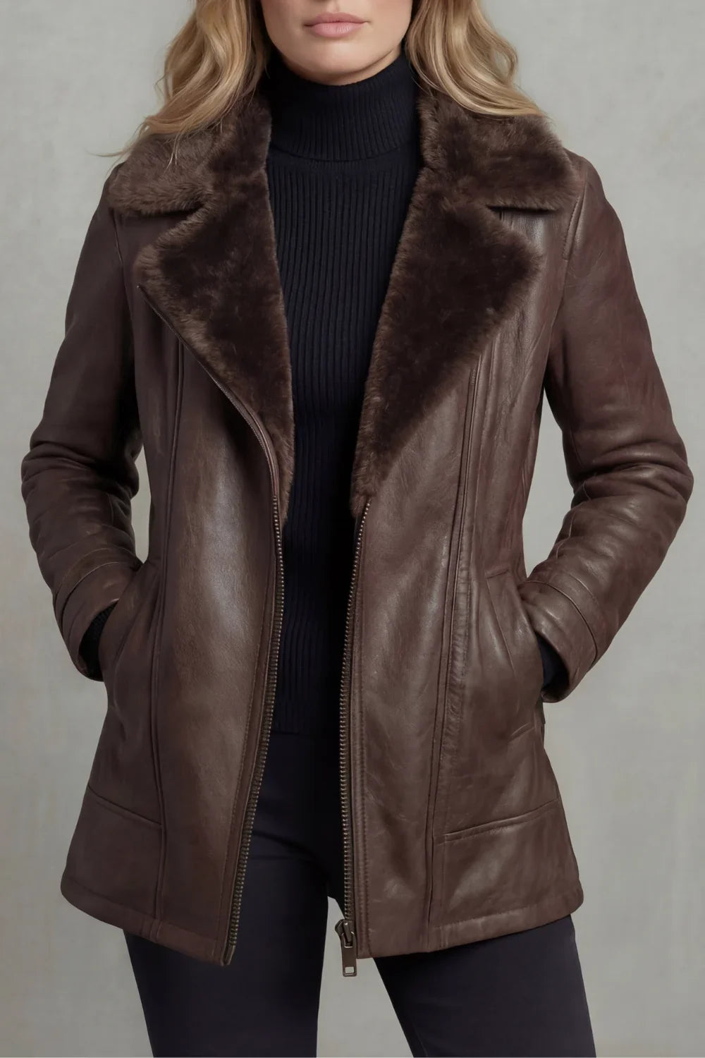 Brown shearling collar leather jacket for women, front view with the zip closed