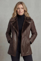 Brown leather jacket for women, front view worn open over a knit