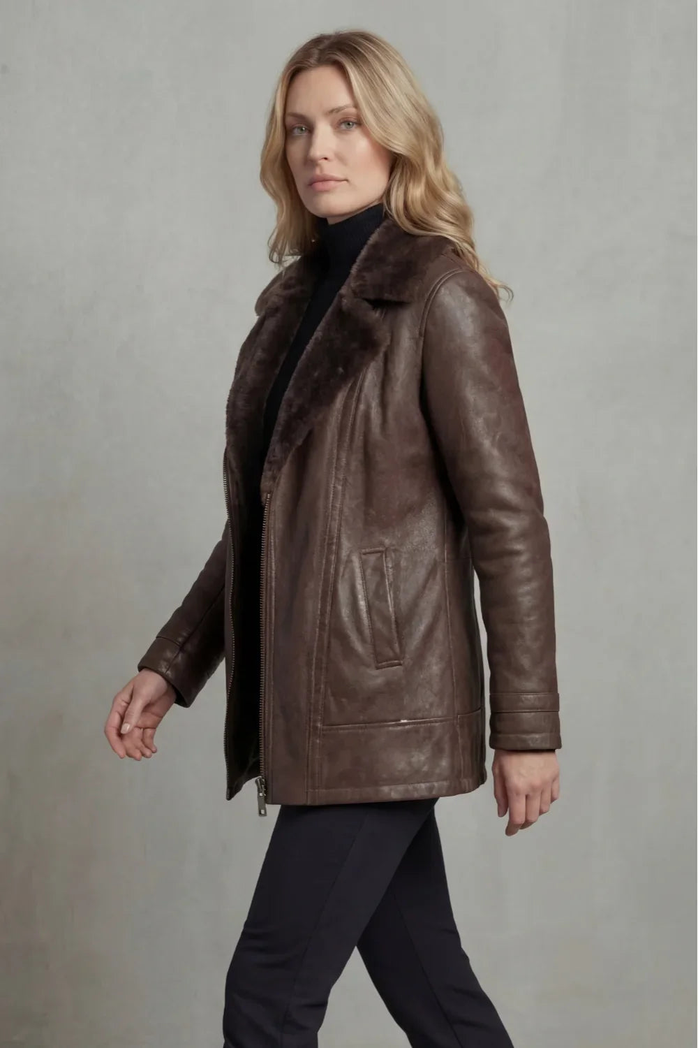 Brown leather jacket for women, side view showing the tailored silhouette